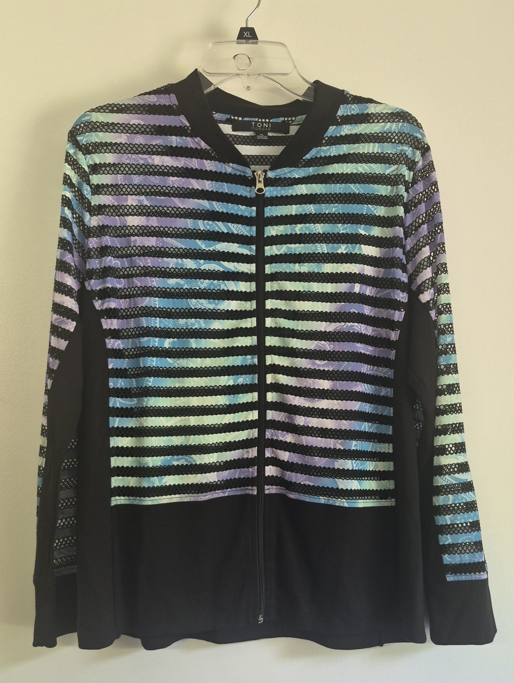 Toni Morgan Multicolor Striped Mesh Jacket - Black W/ Pastel Stripes SZ XL
